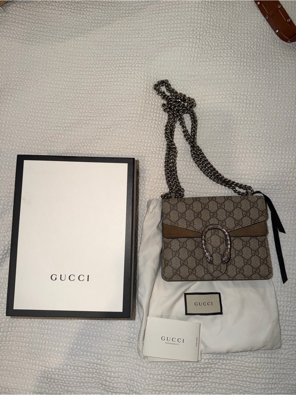 Gucci Beige GG Supreme Shoulder Bag with Brown Trim and Silver Chain